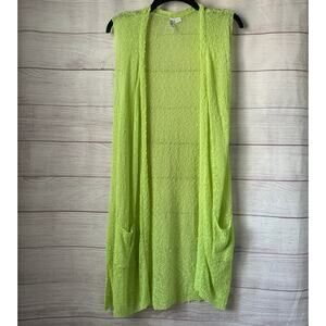 Ethyl Lime Green Sheer Popcorn Cardigan or Vest Open Front Pockets Size Medium